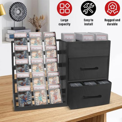 5-Tier Trading Card Display Stand,Large Card Display Case with 2 Drawers & 9 Compartments,Wooden Graded Sports Card Display Holds 200+ PSA/BGS/SGC Slabs to Showcase and Protect Your Collection - size: 24*6.7*16.1in