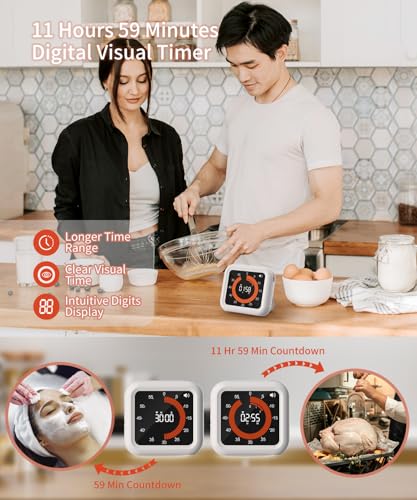 Digital Magnetic Visual Kitchen Timer, Up to 11H 59M Countdown & Count Up | USB-C Rechargeable, Large VA Display, Adjustable Volume and Brightness, Memory Recall Function for Kitchen, Classroom, Study - color: White