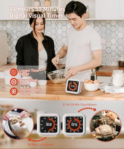 Digital Magnetic Visual Kitchen Timer, Up to 11H 59M Countdown & Count Up | USB-C Rechargeable, Large VA Display, Adjustable Volume and Brightness, Memory Recall Function for Kitchen, Classroom, Study - color: White