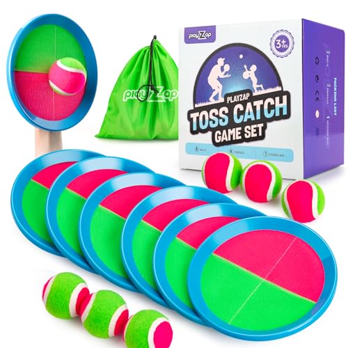PlayZap Toss and Catch Ball Set - Outdoor Toys for Family Games - Outside Yard Pool Beach Toys for 3 4 5 6 7 8+ Years Old Boys Girls - Classic Birthday Gift for Kids Youth Adults - color: Pink 6 Paddles 6 Balls