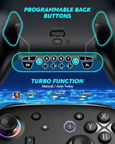 Switch Controller, Wireless Bluetooth Controller for Nintendo Switch 2/Switch/Lite/OLED, game controllers Compatible with iPhone/Mac/iPad/iOS/Android/Phone/PC/Steam and TV with Rotary Motors, RGB Hall Effect Joysticks/Macro Back Buttons/Turbo Modes/6-Axis