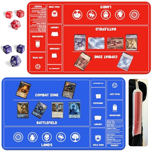 Card Game MTG Playmat for Beginner 2 Pack with Dices, Magic Mat Commander Deck Playmat for TCG MTG Accessories Play Mat 24x14 Inches Duel Card Battles, Red/Blue - color: Blue+red