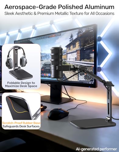 Desktop Mic Arm Stand 2.68lbs Max Heavy Duty Microphone Mount with Silent Mute Knob Compatible with Rode PodMic Shure SM7B for Podcast Gaming Streaming Office Desk Setup Boom Arm