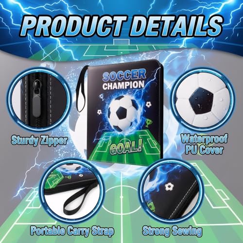 Trading Card Binder 9 Pocket, Soccer Card Binder Holds 900 Cards with 50 Removable Sleeves, Waterproof PU Leather with Zipper Card Collector Album Book Compatible with TCG Cards - color: Soccer
