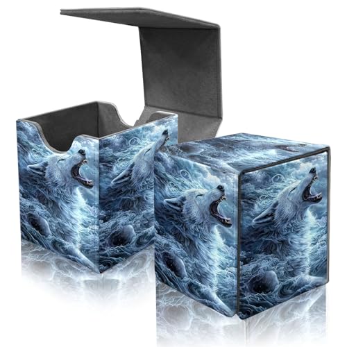 Card Deck Box for MTG Commander,Collectible Trading Storage Box Fits 120+ Single Sleeved Cards Magnetic Case PU Leather for Magic Commander TCG CCG MTG,Cloud White Wolf - color: Cloud White Wolf