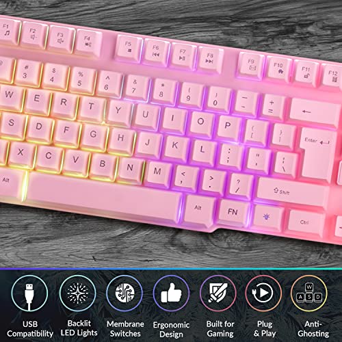 Orzly Pink Gaming Keyboard RGB USB Wired Rainbow Keyboard Designed for PC Gamers, PS4, PS5, Laptop, Xbox, Nintendo Switch, RX-250 Hornet Edition - color: PINK