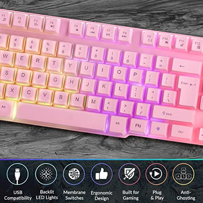 Orzly Pink Gaming Keyboard RGB USB Wired Rainbow Keyboard Designed for PC Gamers, PS4, PS5, Laptop, Xbox, Nintendo Switch, RX-250 Hornet Edition - color: PINK
