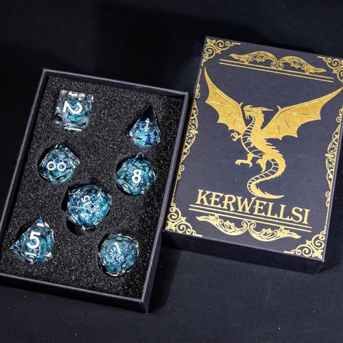KERWELLSI Cat Liquid Core DND Dice Set with Gift Box, 7Pcs Resin Dungeons Sharp Edge D&D Dice, Dragons D and D Role Playing Dice D20 D12 D10 D8 D6 D4, Blue - color: Blue and Blue Cat