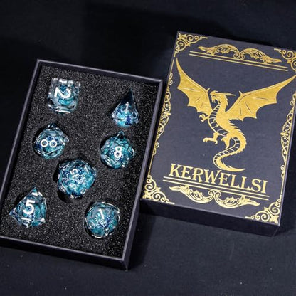 KERWELLSI Cat Liquid Core DND Dice Set with Gift Box, 7Pcs Resin Dungeons Sharp Edge D&D Dice, Dragons D and D Role Playing Dice D20 D12 D10 D8 D6 D4, Blue - color: Blue and Blue Cat
