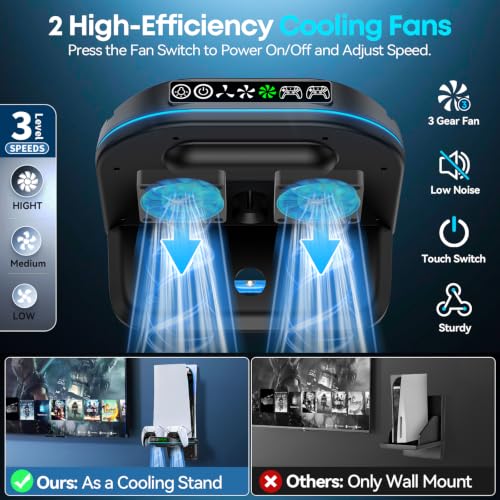 P S5 Wall Mount Kit with Cooling Fan and Charging Station Compatible with PS5/ Slim/Pro Disc and Digital, PS Five Floating Shelf with 9 RGB Lights, Black, Sony PSP Accessories Cables Adapters Cables - color: Black