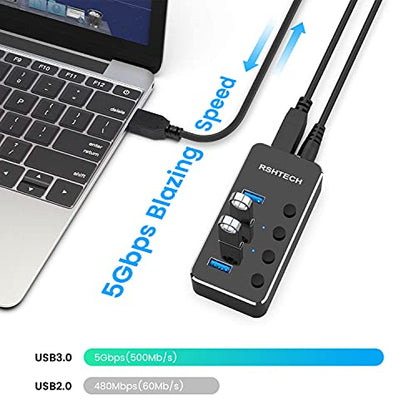 Powered USB Hub, RSHTECH 4 Port USB 3.0 Hub Splitter Portable Aluminum USB Data Hub Expander with Individual On/Off Switch and Universal 5V AC Adapter, 3.3ft USB 3.0 Cable (RSH-516) - size: 4-Port Powered USB Hub