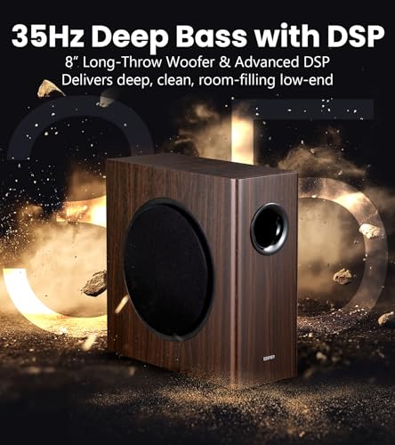 Edifier T5s Powered Active Subwoofer with 70W RMS, 8" Long-Throw Woofer, Deep Bass (35Hz) Speaker, Built-in Amp, Low Distortion, Phase Selector & Energy-Efficient for Home & Studio Audio, Brown - color: Brown
