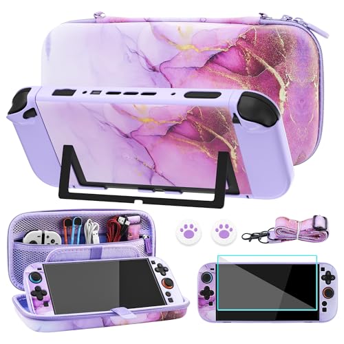 FUNDIARY Travel Carrying Case for Nintendo Switch 2 with Purple Marble Design, Cute Accessories with Portable Storage Bag, Dockable Protective Cover, Screen Protector, Shoulder Strap and 2 Thumb Caps