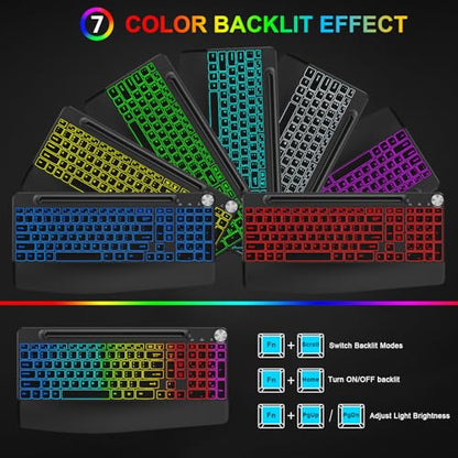 BlueFinger Wireless Keyboard and Mouse Combo Backlit, 2.4G Rechargeable Ergonomic Gaming Keyboard with Wrist Rest, Phone Holder, Volume Knob, Silent Light Up Keyboard with Mouse for Computer Laptop