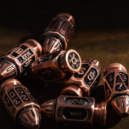 UDIXI Metal DND Bullet Dice Set, 7PCS D&D Metal Polyhedral Dice Set Copper | Cool Design, Magazines Container and PU Leather Bag, for Dungeons and Dragons Role Playing Games and Tabletop Games RPG - color: Ancient Copper