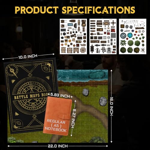 CZYY DND Battle Map Book, Reusable RPG Terrain Kit for Miniature Battles | 32 Dry & Wet Erase Maps, 100+ Scenery Decals, 1 in Grid, Lay-Flat Design, Fast Setup for Campaigns & Game Nights