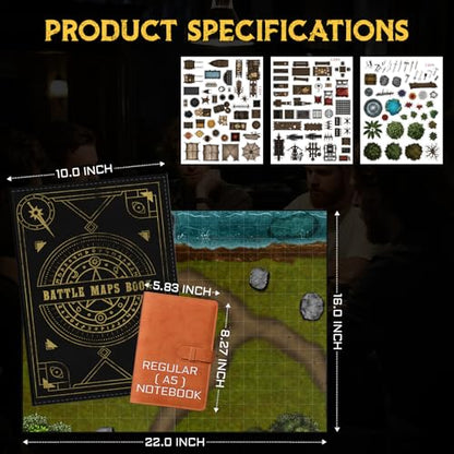 CZYY DND Battle Map Book, Reusable RPG Terrain Kit for Miniature Battles | 32 Dry & Wet Erase Maps, 100+ Scenery Decals, 1 in Grid, Lay-Flat Design, Fast Setup for Campaigns & Game Nights
