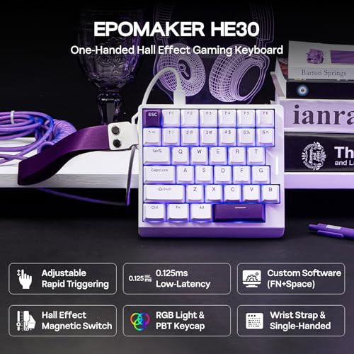 EPOMAKER HE30 One-Handed Hall Effect Keyboard, 8K Polling & 0.125ms | SOCD & Snap Key, Adjustable Trigger, PBT Keycap, RGB, Custom Software, Wired Gaming Keyboard for PC/Gamer (White Purple) - color: White Purple