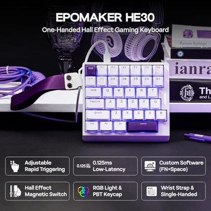 EPOMAKER HE30 One-Handed Hall Effect Keyboard, 8K Polling & 0.125ms | SOCD & Snap Key, Adjustable Trigger, PBT Keycap, RGB, Custom Software, Wired Gaming Keyboard for PC/Gamer (White Purple) - color: White Purple