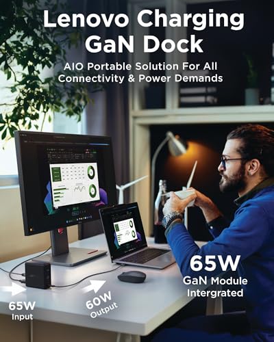 Lenovo GaN Charging Dock, Multiport Docking Station w/ 60W PD, HDMI, USB-C, USB-A, Micro SD, Power Adapter & Dock in One, Compact Design, Sustainable Materials, Home Office Gaming Dock Stand Console - style: GaN Charging Dock