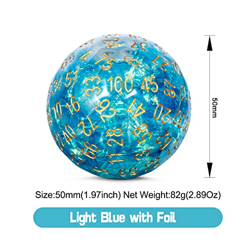 DNDND Resin D100 Dice Light Blue100 Sided Dice with Foil Paper Inside with Translucent Organza Bag for Dungeon and Dragons - color: Light Blue