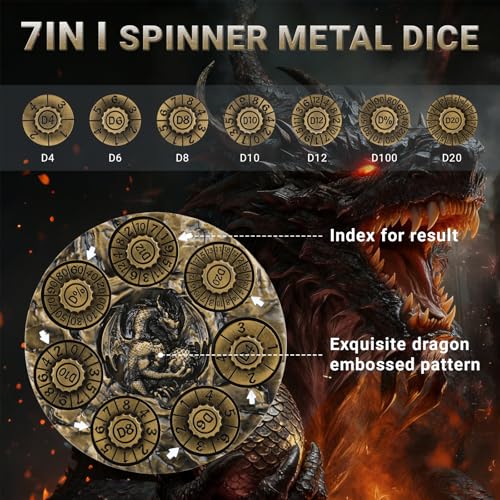 Spinner DND Dice,Metal D&D Dice Set with Gift Box for Role Playing Games | Ideal Present For Gamers DM,Solid Metal Material, Heavy Hand Feel, Wear-Resistant And Long Service Life,Ancient Gold - color: Ancient Gold