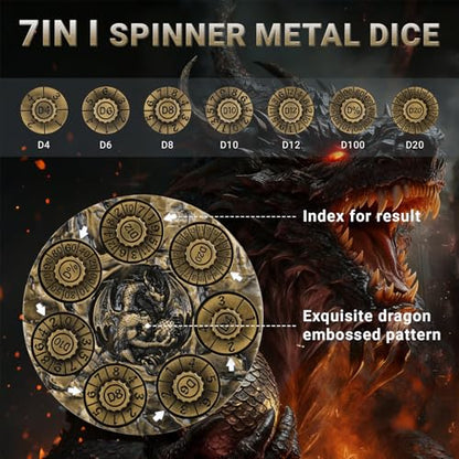 Spinner DND Dice,Metal D&D Dice Set with Gift Box for Role Playing Games | Ideal Present For Gamers DM,Solid Metal Material, Heavy Hand Feel, Wear-Resistant And Long Service Life,Ancient Gold - color: Ancient Gold