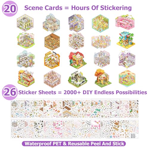 DIY 3D Scene Sticker Book, 20 Sets Sticker Scene Craft Kit with 26 Reusable PET Stickers & 2 Tweezers, Cute Kawaii Stickers Therapy for Adult Relief Stress Pass The Time, Creative Travel Toys Gift