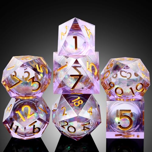 Lilac Liquid Core DND Sharp Dice,DNDND 7PCS Glitter Sparkle Sharp Edge D&D Dice with Gift Case for Dungeons and Dragon Game (Lilac) - color: Liquid Lilac