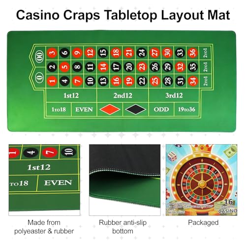 Casino Night Complete Game Set Include 16'' Green Roulette Wheel 35" X 16" Rubber Tabletop Layout Mat, 100 Chips Dealer Button Win Marker Casino Game Sets Gift Ideas