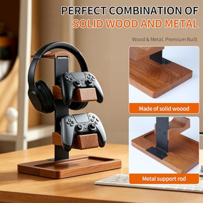 Headset Stand with Gaming Controller Holder, Wood Headphone Stand with Storage Base, Gaming Equipment Accessories for Desk