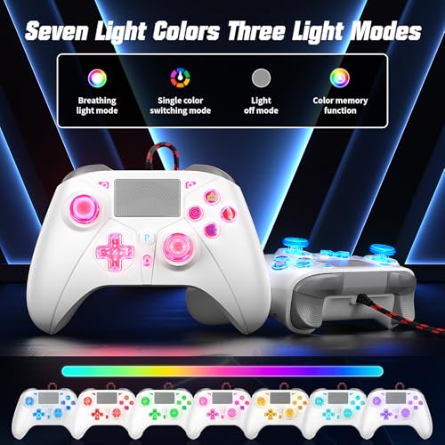 Gamrombo LED Wired Controller for PS5/PS5 Pro/PS5 Slim, Compatible withPS4/PC with 3.5mm Headphone Jack/Dual Vibration/Macro Function/Trubo Function, 10ft Cable - color: White