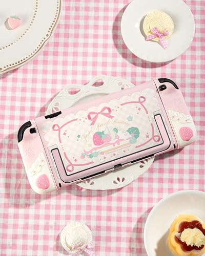 GeekShare Strawberries with Cream Case Compatible with Switch 2, Slim Separable Soft Silicone Protective Shell with 2 Thumb Grip Caps -- Pink - color: Pink Strawberries, size: For Switch 2