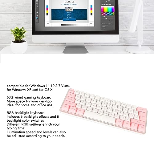 Dioche Mini Keyboard, 60 Percent 61 Keys Wired Gaming Keyboard RGB Small Gaming Keyboard Imitated Mechanical Compact for Typist Desktop, Laptop (Pink White)