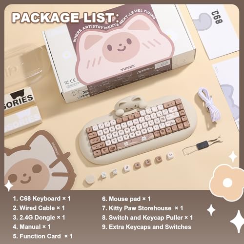 YUNZII C68 Wireless Mechanical Keyboard,65% Layout,Hot Swap,Triple Mode BT5.0/2.4G/Wired, RGB Backlit NKRO,Cute Cat Silicone Ergonomic Design for Win/Mac (Brown, Milk Switch) | Wireless Triple Mode BT5.0/2.4G/Wired, RGB Backlit NKRO, Cute Cat Silicone Erg