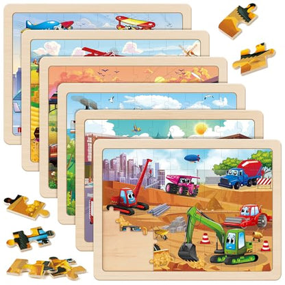 SYNARRY Wooden Vehicle Puzzles for Kids Ages 4-6, 6 Packs 60 PCs Jigsaw Puzzles Preschool Educational Toys Gifts for Children Ages 4-8, Kids Toys Gifts for 4+ Year Olds Boys Girls - style: Vehicle