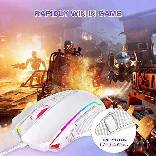 Redragon Gaming Mouse, Wired White Mouse with RGB Backlit, 8000 DPI Adjustable, PC Gaming Mice with 9 Programmable Macro Buttons & Fire Button, PC Gaming Mouse for Windows/Mac, White - color: white