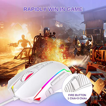 Redragon Gaming Mouse, Wired White Mouse with RGB Backlit, 8000 DPI Adjustable, PC Gaming Mice with 9 Programmable Macro Buttons & Fire Button, PC Gaming Mouse for Windows/Mac, White - color: white