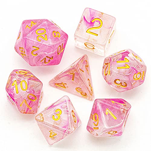 UDIXI 7PCS Glitter DND Dice Set Resin RPG Polyhedral Dice Set for D&D | Pink & White Swirl, Gold Number, Velvet Dice Bag Packaging, for Dungeons and Dragons Role Playing Games and Tabletop Games - color: Pink White