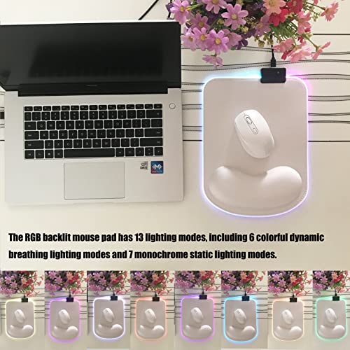 RGB LED Wrist Support Mouse Pad with 13 Lighting Modes, Anti-Slip Rubber Base, Pain Relief Ergonomic Gaming/Office/Home Mouse Pad, 11.8 x 8.5 in (White) - color: White
