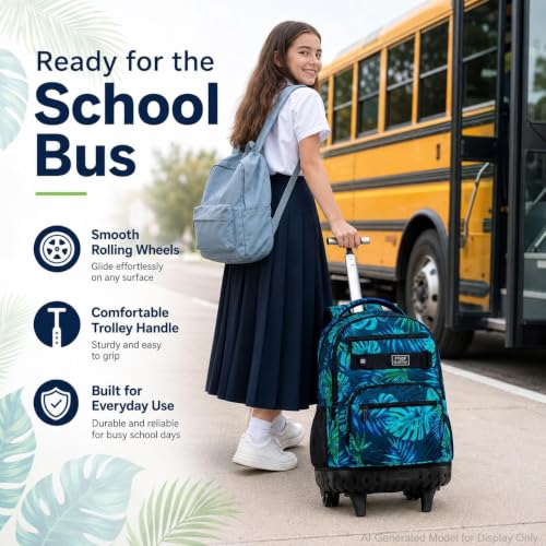 3Pcs Rolling Backpack for Boys Men, Travel Roller Backpacks with Wheels for Adults, Teens College Leaf Wheeled Bookbag with Lunch Box(Green) - color: Green Leaf