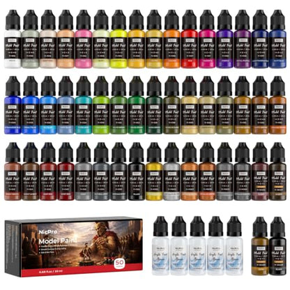 Nicpro 50 Colors Model Paint Set, 20ml Ready to Use Modeling Acrylic Paints | Brush & Airbrush Compatible, Miniature Paint Set for Beginner & Professional on Model, Scale Figure, Crafts, with 5 Thinner - style: 50 Colors with 5 Thinners