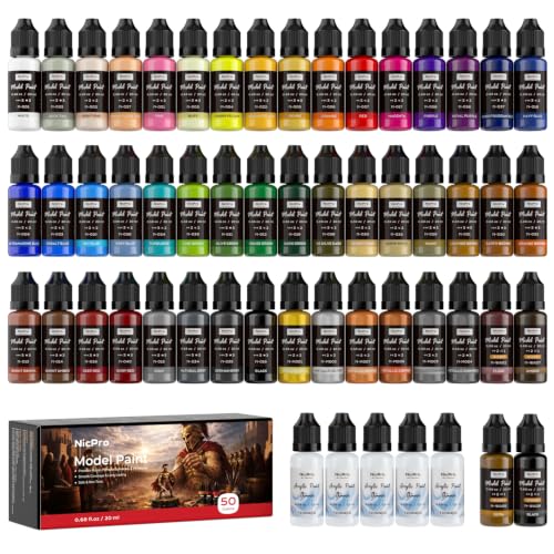 Nicpro 50 Colors Model Paint Set, 20ml Ready to Use Modeling Acrylic Paints | Brush & Airbrush Compatible, Miniature Paint Set for Beginner & Professional on Model, Scale Figure, Crafts, with 5 Thinner - style: 50 Colors with 5 Thinners