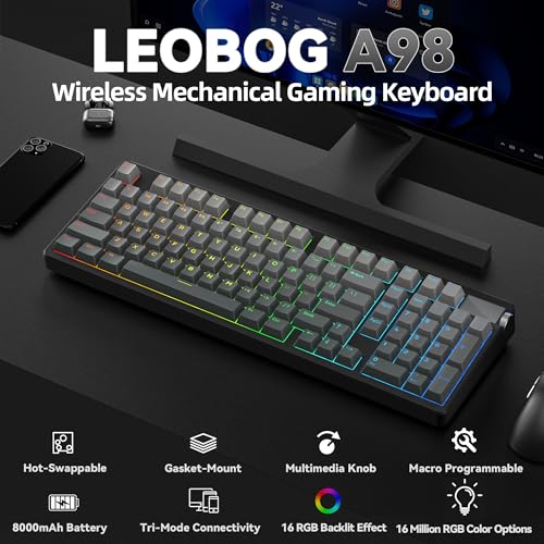 LEOBOG A98 Wireless Mechanical Keyboard, Tri-Mode BT5.0/2.4GHz/USB-C, Creamy Keyboard with Number Pad, Gasket Structure Hot Swappable, PBT Keycaps, RGB Backlit Black Gaming Keyboard with Knob for PC - color: Gradient Black
