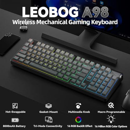 LEOBOG A98 Wireless Mechanical Keyboard, Tri-Mode BT5.0/2.4GHz/USB-C, Creamy Keyboard with Number Pad, Gasket Structure Hot Swappable, PBT Keycaps, RGB Backlit Black Gaming Keyboard with Knob for PC - color: Gradient Black
