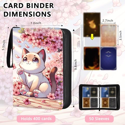 4 Pocket Trading Card Binder, Holds 400 Cards, PU Zipper Binder | PU leather cover, holds 400 cards, 50 removable pages, zipper closure, portable storage and protection. - color: Cute cat
