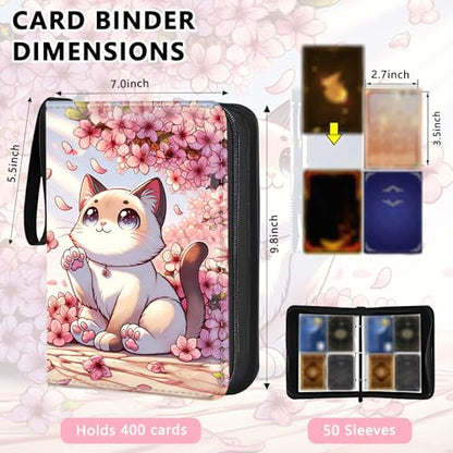 4 Pocket Trading Card Binder, Holds 400 Cards, PU Zipper Binder | PU leather cover, holds 400 cards, 50 removable pages, zipper closure, portable storage and protection. - color: Cute cat