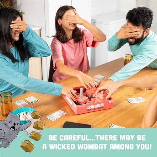Exploding Kittens Hand to Hand Wombat, 3-6 Players, Age 7+ | Build towers with your eyes closed, spot the secret saboteurs, and vote out the Wicked Wombats before they wreck it all!