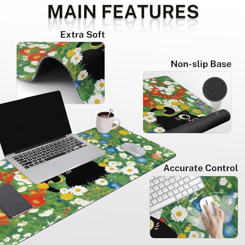 Arttown Keyboard Mouse Pad Set, 4 in 1 Desk Mat Set Cat Flower Cute | Black Red Large Mousepad+Keyboard Wrist Rest+Mouse Wrist Rest+Coaster Ergonomic Design for Home Office Computer - color: Black Cat