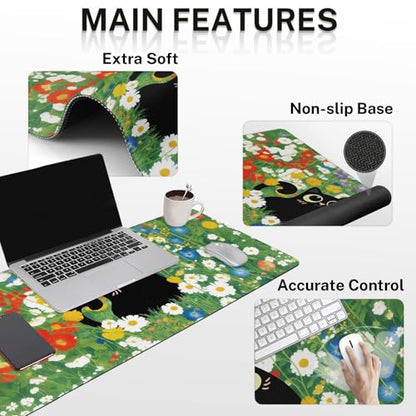Arttown Keyboard Mouse Pad Set, 4 in 1 Desk Mat Set Cat Flower Cute | Black Red Large Mousepad+Keyboard Wrist Rest+Mouse Wrist Rest+Coaster Ergonomic Design for Home Office Computer - color: Black Cat